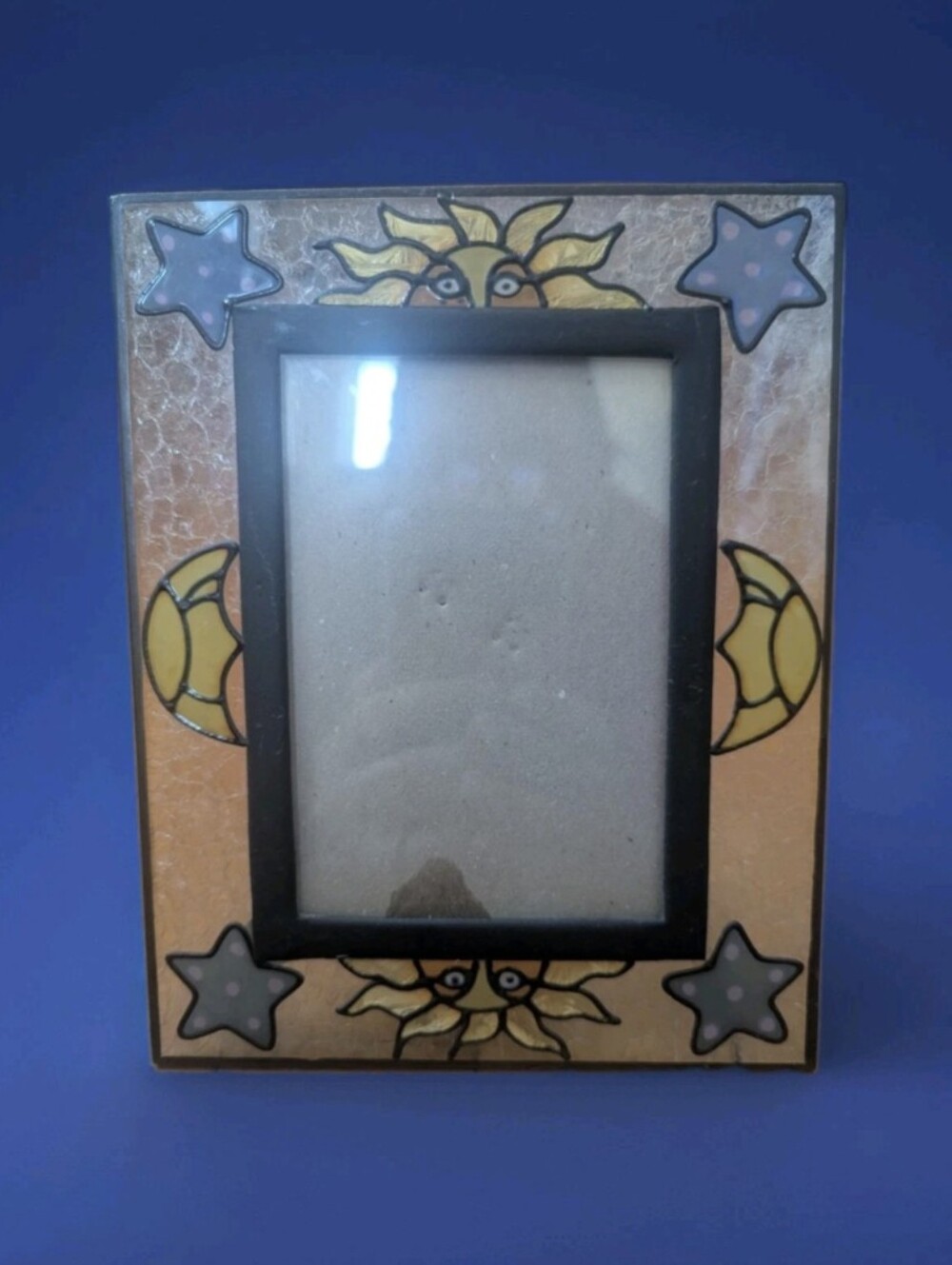 Whimsigoth Celestial Sun Moon Stars Folk Art 5x3 Stained Glass Picture Frame